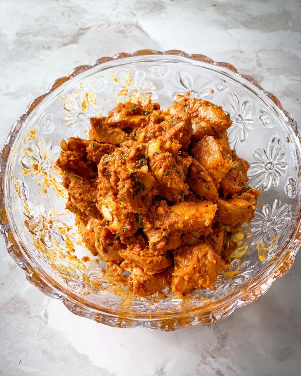 A clear glass bowl with floral designs holds a pile of marinated chicken pieces. The chicken is coated in a thick, orange-red spice mix with visible herbs and small bits of onion, giving it a textured look. The bowl sits on a white marbled surface which highlights the rich color of the marinated chicken inside. photo taken with an iphone --ar 4:5 --v 7
