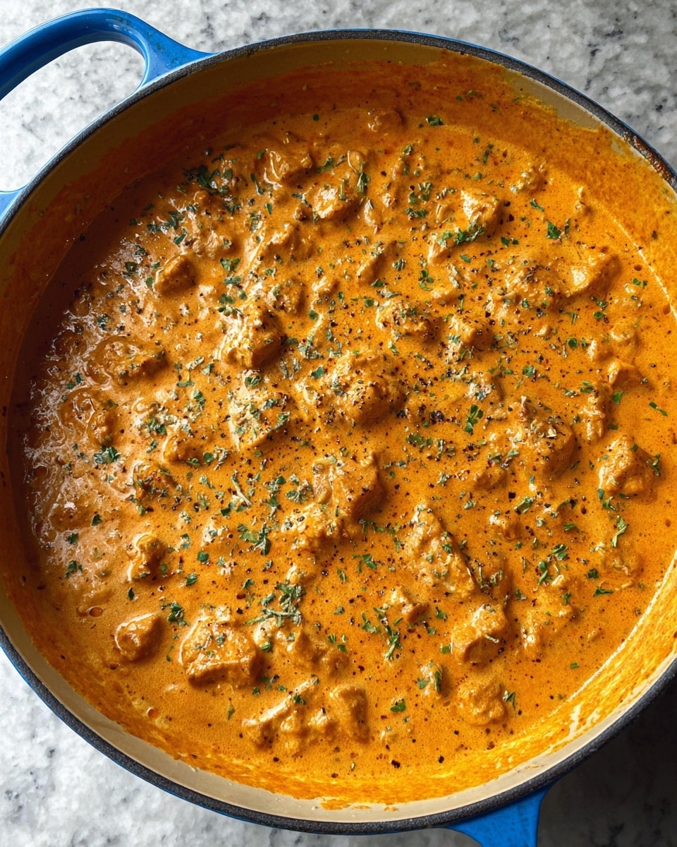 A close-up view of a large blue pan filled with a thick orange creamy sauce containing many small chunks of meat, scattered with tiny green herb pieces and black pepper on top, covering the entire surface evenly. The pan is set on a white marbled texture. photo taken with an iphone --ar 4:5 --v 7