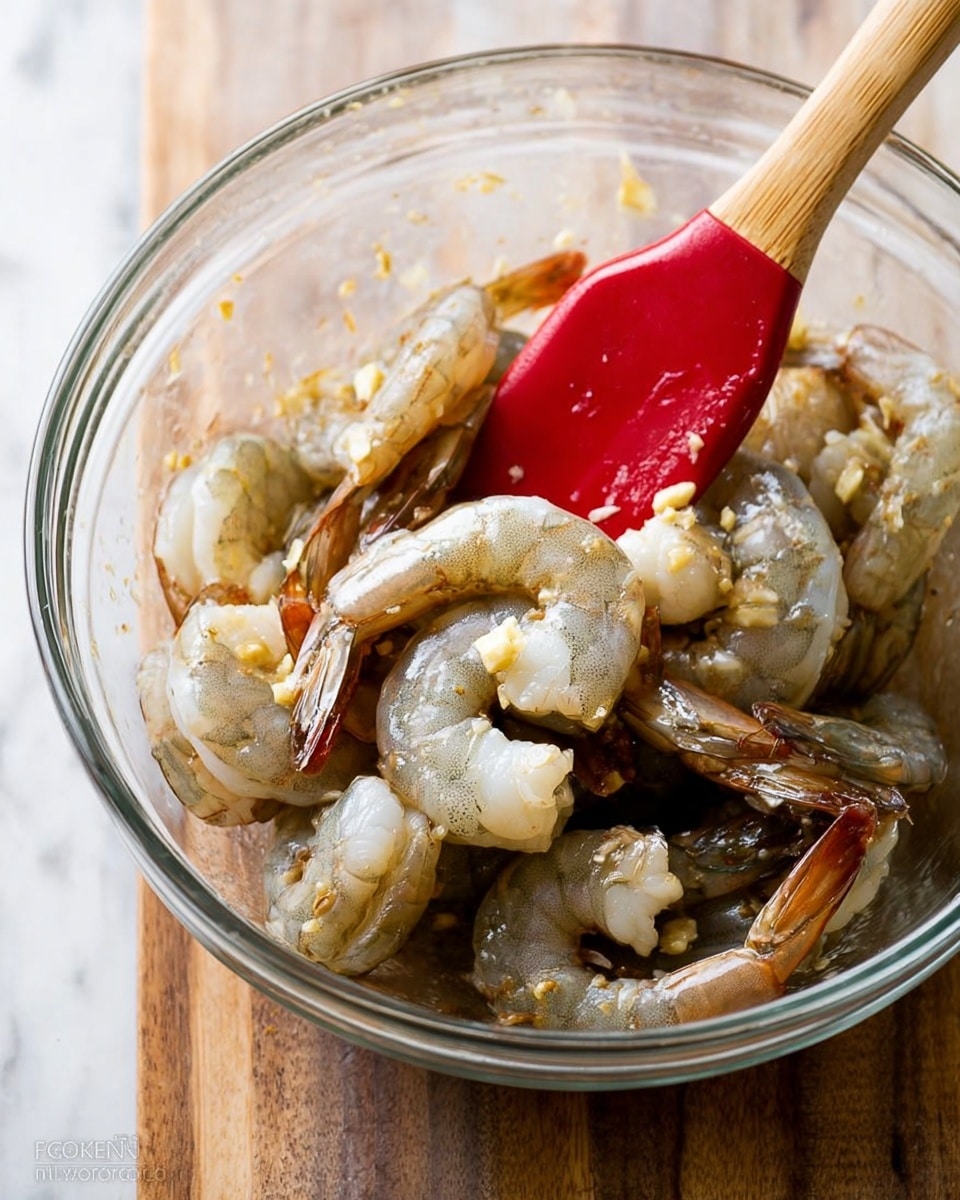 A clear glass bowl filled with raw shrimp that have a greyish-white color with darker tails, mixed with small bits of minced garlic and a light brown marinade coating the shrimp. A wooden utensil with a bright red silicone head is resting inside the bowl, partially submerged among the shrimp. The background shows a white marbled texture. photo taken with an iphone --ar 4:5 --v 7