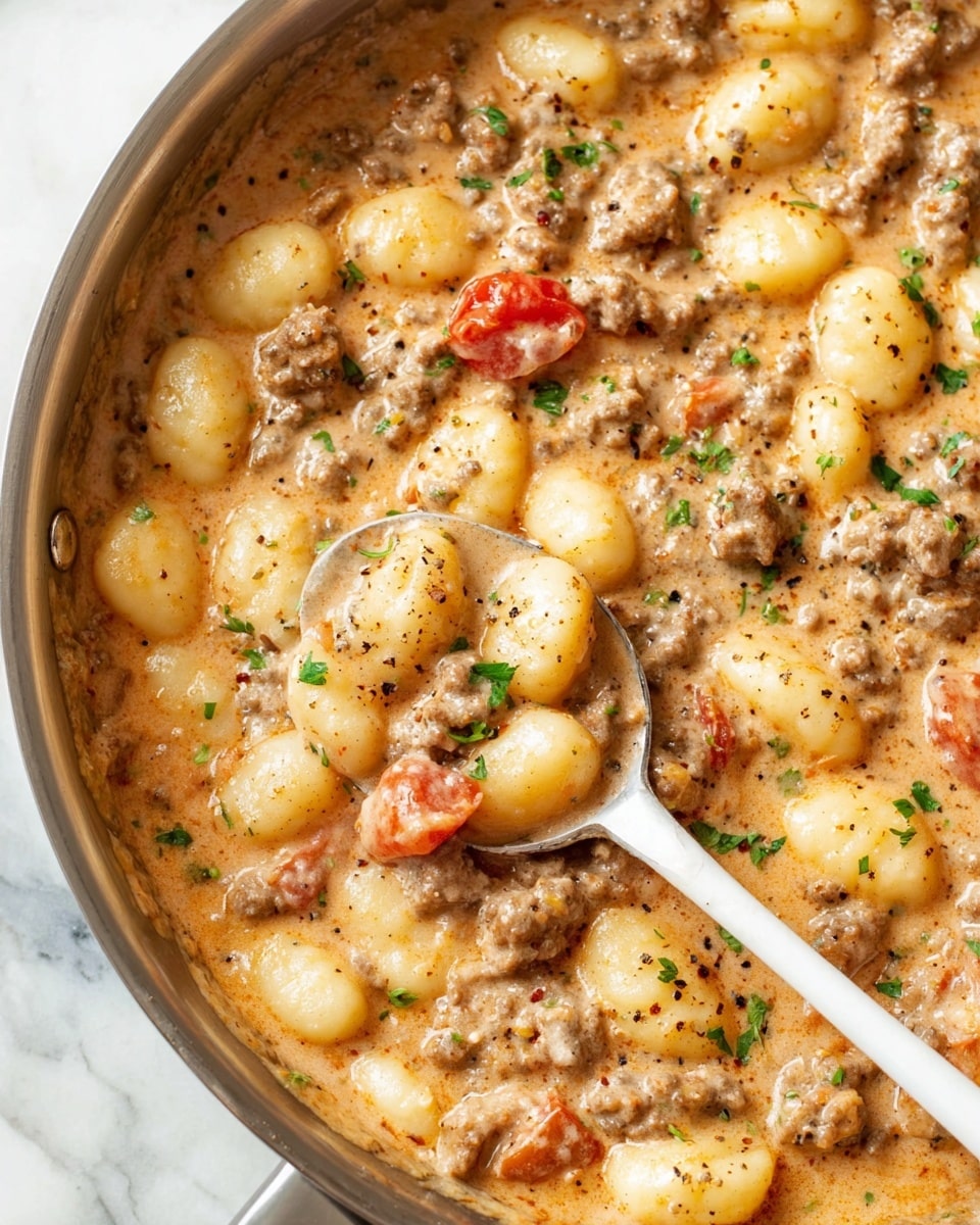 A close-up of a creamy gnocchi dish in a silver pan sitting on a white marbled surface. The dish has a thick, light brown sauce filled with small ground meat pieces and soft gnocchi that are pale yellow and slightly shiny. There are small bits of red tomato and finely chopped green herbs sprinkled throughout. A white spoon resting in the pan scoops up a mix of gnocchi, meat, and sauce, with visible seasoned specks of black pepper and herbs on top. The texture looks smooth and hearty, with the gnocchi clearly soft and plump. photo taken with an iphone --ar 4:5 --v 7