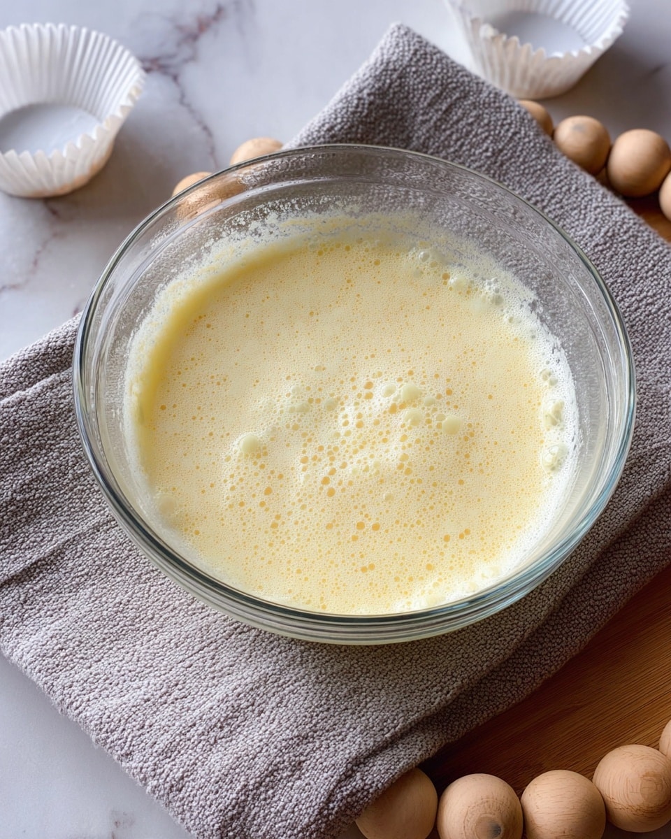 A clear glass bowl is filled with a pale yellow, frothy mixture that has small bubbles and a slightly thick texture. The bowl sits on a light gray woven cloth with large round wooden beads along the edge, placed on a white marbled surface. The background includes white paper cupcake liners partially visible to the side. The lighting is soft and natural, highlighting the creamy texture of the mixture. photo taken with an iphone --ar 4:5 --v 7