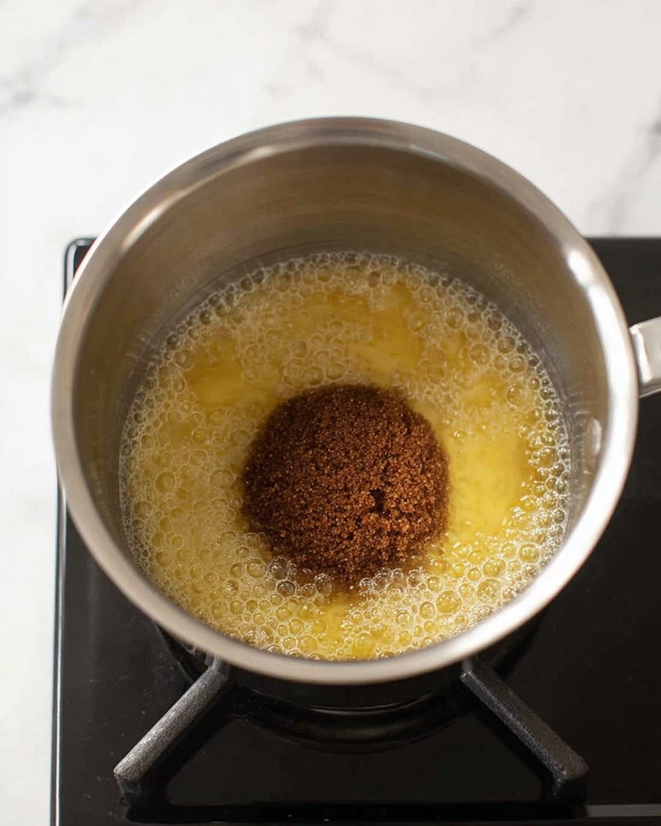 Inside a silver pot on a black stovetop, a single layer of light golden melted butter bubbles at the bottom. On top of the butter, there is a round mound of dark brown sugar with a soft, grainy texture, sitting in the middle of the pot. The pot's interior is smooth and shiny, reflecting light softly. The background shows a white marbled texture. photo taken with an iphone --ar 4:5 --v 7