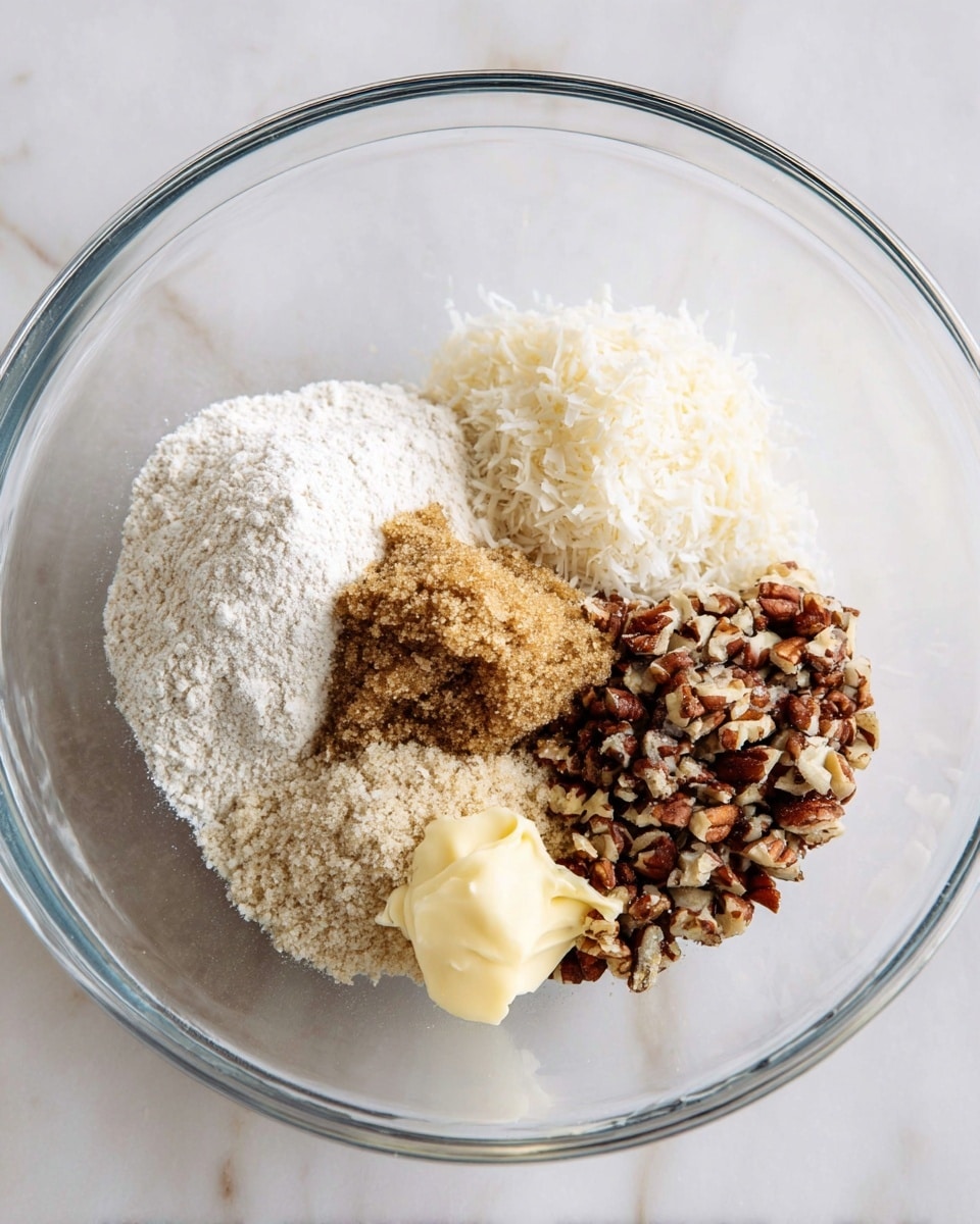 A clear glass bowl on a white marbled surface holds five separate piles of ingredients: a mound of white flour on the lower left, a scoop of moist brown sugar with light brown and golden shades on the lower right, a pile of small chopped nuts with dark and light brown textures on the right, a heap of white shredded coconut on the upper left, and a small dollop of pale yellow butter near the center. The ingredients are neatly placed without mixing. photo taken with an iphone --ar 4:5 --v 7