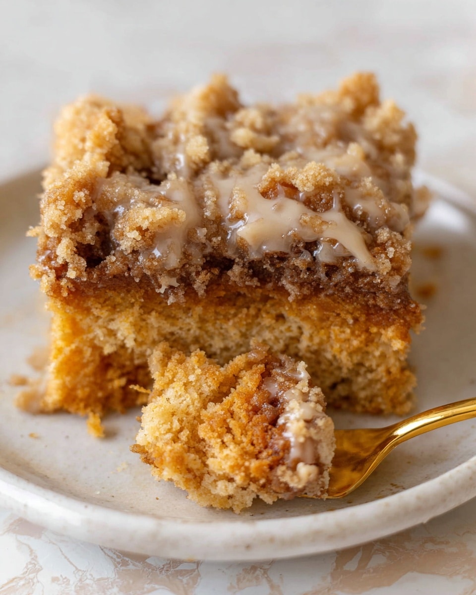 The image shows a close-up of a square piece of dessert with two visible layers on a white plate sitting on a white marbled surface. The bottom layer is a dense, moist, golden brown cake with a crumbly texture. The top layer is a lighter, crumbly streusel topping in golden brown, mixed with a thick, creamy sauce that has a slightly glossy texture and a pale caramel color. A thin golden fork is partly under the dessert, holding a small piece. Photo taken with an iphone --ar 4:5 --v 7