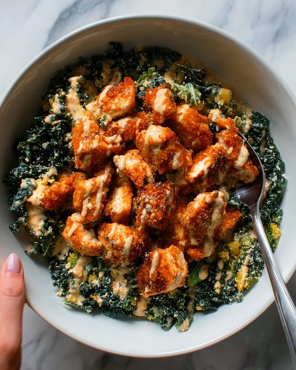 The image shows a white bowl filled with a dish that has two main layers. The bottom layer is dark green kale with a slightly crispy texture, mixed with some yellowish bits, likely cheese or seasoning. On top of the kale, there are many pieces of golden-brown, crispy chicken that look slightly sauced, giving them a shiny, textured look. There is a light-colored drizzle over the chicken, possibly a creamy dressing. A woman's hand is holding a silver spoon on the right side of the bowl. The bowl is placed on a white marbled surface. photo taken with an iphone --ar 4:5 --v 7