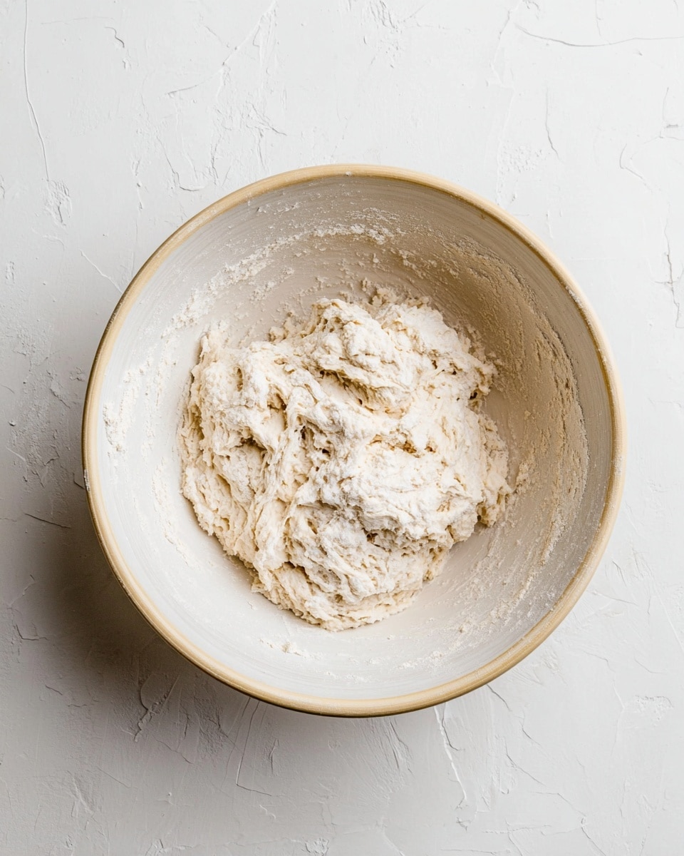 A single white bowl with a light beige rim holds a rough, thick dough that appears soft and slightly crumbly, with uneven textures and small lumps throughout. The dough sits mound-shaped in the center of the bowl, which itself rests on a white marbled surface with subtle veining. The inside of the bowl shows traces of flour dusted lightly on its sides around the dough. Photo taken with an iphone --ar 4:5 --v 7