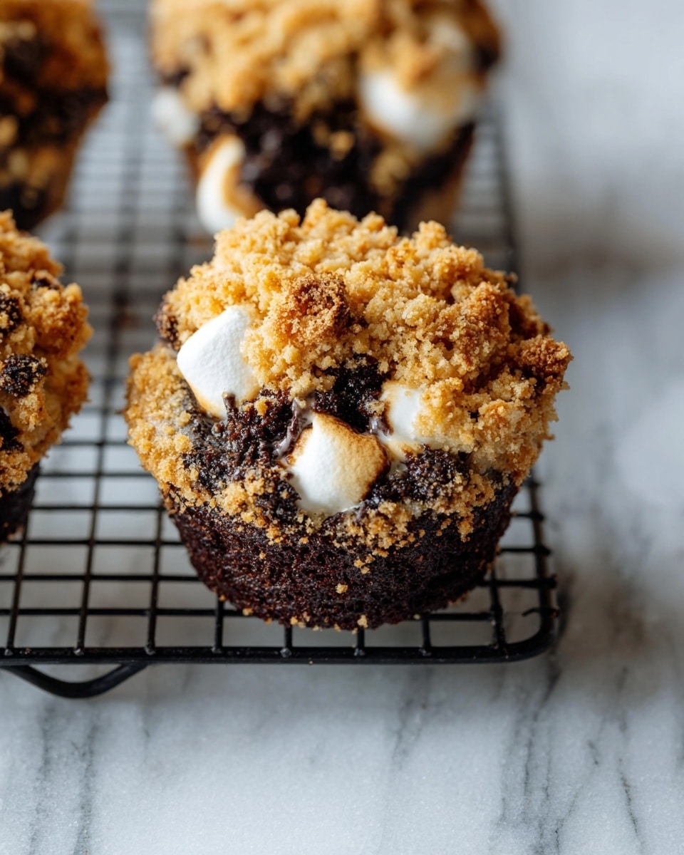 A close-up view shows a muffin with three main layers: the bottom is dark chocolate cake with a moist, slightly crumbly texture; the middle has melted white marshmallows that are slightly browned on top; the top is a golden brown crumb topping that looks crunchy and unevenly spread. The muffin sits on a black cooling rack placed on a white marbled surface. The photo is taken with an iphone --ar 4:5 --v 7