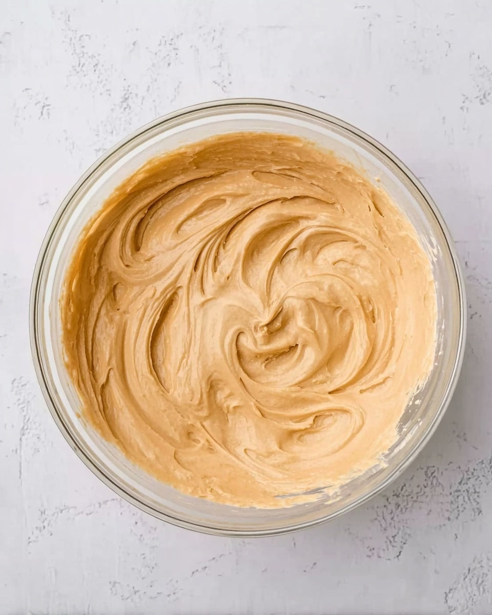 The image shows a clear glass bowl filled with a creamy, light brown mixture that has a smooth and swirled texture on top. The mixture appears thick and whipped, with gentle peaks and waves visible, giving it a soft and fluffy look. The bowl is placed on a surface with a white marbled texture, adding a clean and bright background to the image. Photo taken with an iphone --ar 4:5 --v 7