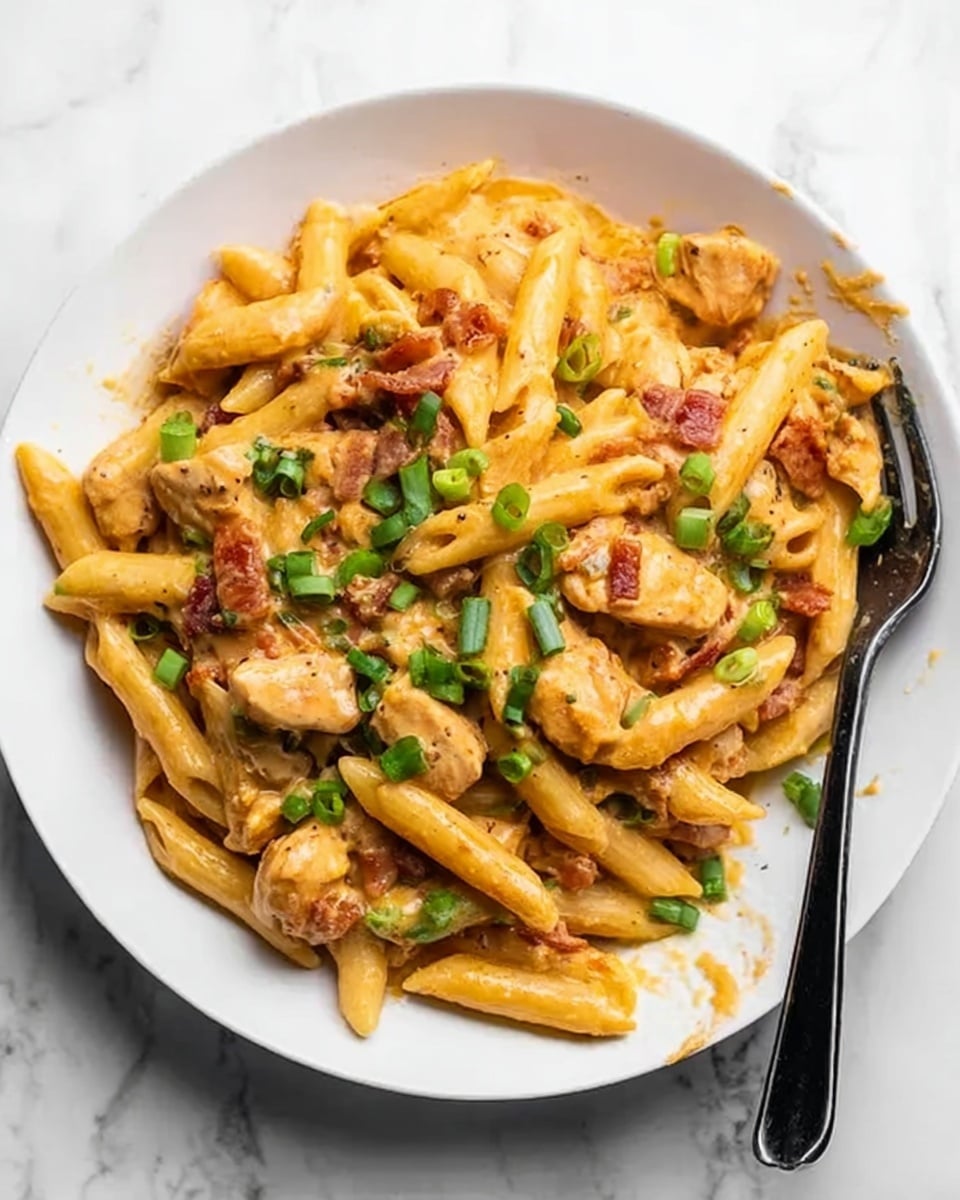 The dish is a white plate filled with penne pasta covered in a creamy orange sauce mixed with chunks of chicken and bits of bacon. The pasta and meat are coated evenly with the sauce, making the texture smooth and slightly thick. Small pieces of bright green chopped scallions are sprinkled on top, adding contrast. A black fork is resting on the right side of the plate, with some sauce on its prongs. The whole scene is set on a white marbled surface, giving a clean and bright background. photo taken with an iphone --ar 4:5 --v 7