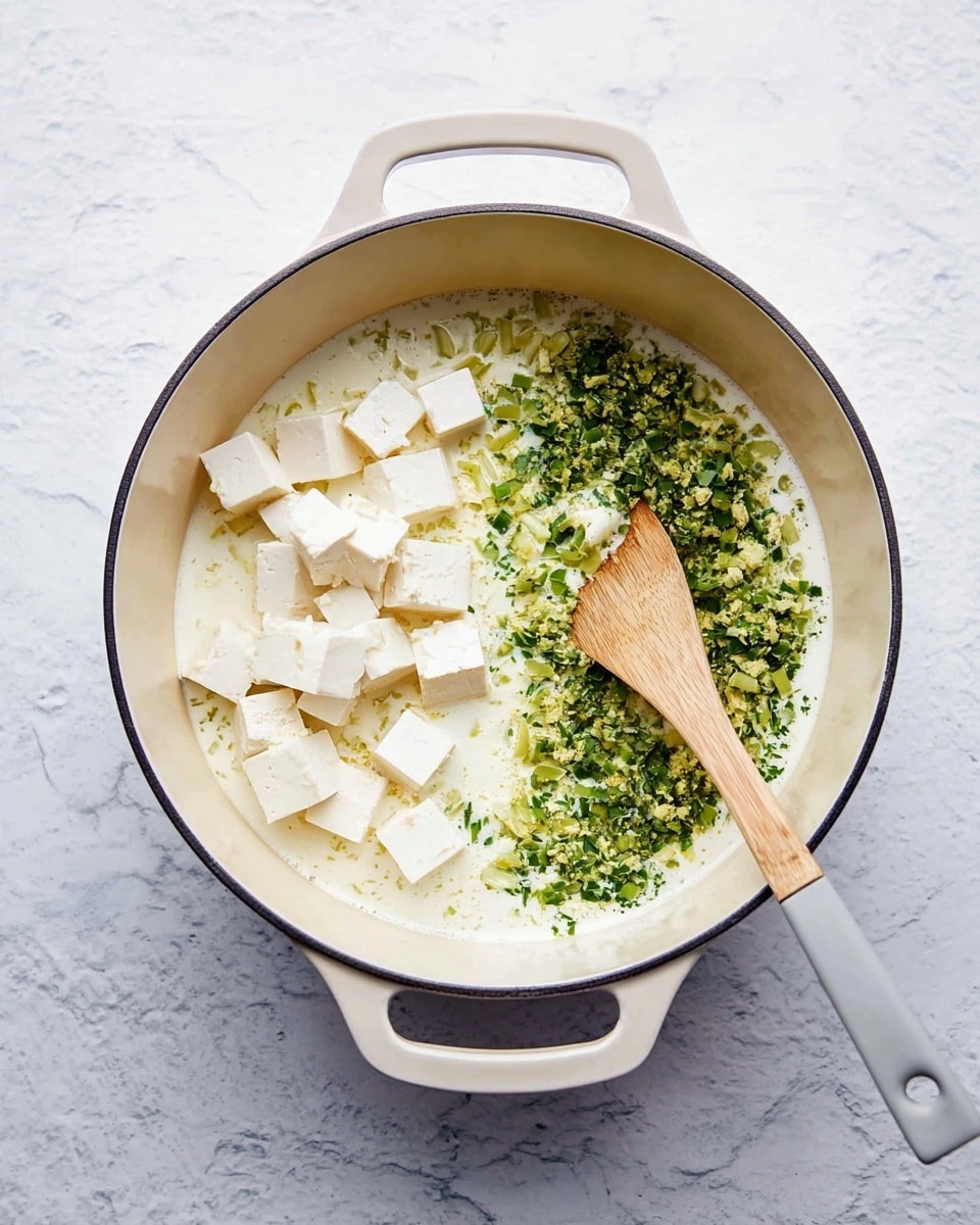 A white pot with two handles is placed on a white marbled surface. Inside the pot, there is a creamy white liquid mixed with finely chopped green herbs and vegetables spread evenly on the right side. On the left side, there are small white cubes of tofu piled in a cluster. A wooden spoon with a light gray handle rests inside the pot on the right edge, partially touching the liquid. The overall image is bright with soft natural light, showing a fresh and simple cooking scene photo taken with an iphone --ar 4:5 --v 7