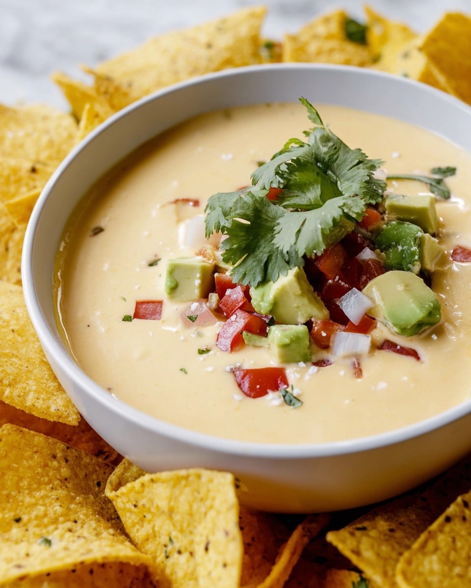 A white bowl filled with creamy, light yellow cheese dip, topped with small green avocado cubes, red tomato pieces, white onion bits, and fresh bright green cilantro leaves placed mostly in the center. The bowl is surrounded by crispy, yellow corn tortilla chips scattered with sea salt and a few small cilantro leaves. The setting is on a white marbled surface. photo taken with an iphone --ar 4:5 --v 7