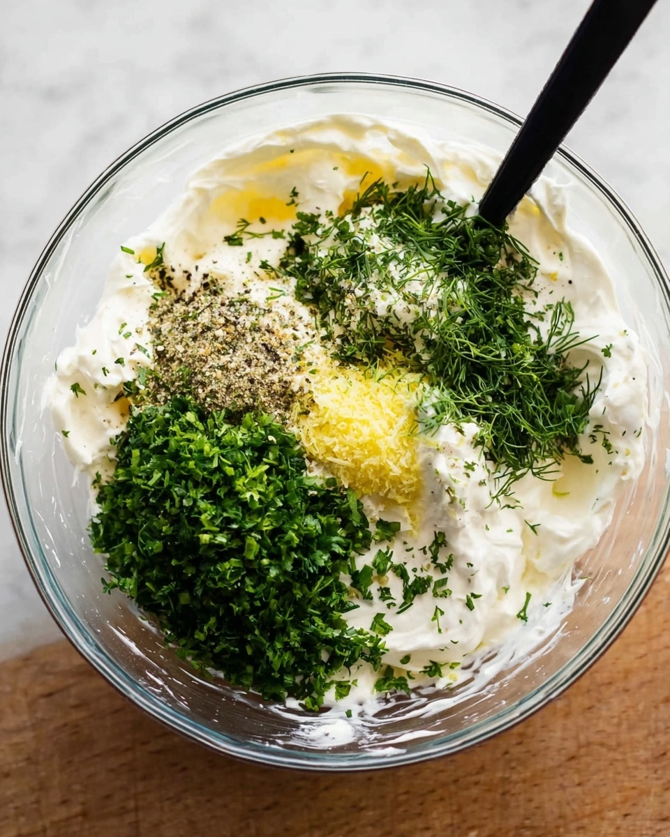 A clear glass bowl holds a mixture with several visible layers: white creamy base spread unevenly on the bottom and sides, topped with small piles of finely chopped bright green herbs on the right and bottom, a small mound of pale yellow lemon zest near the center, and a scattering of black pepper and green dill sprigs on the left side. A black spatula rests inside the bowl. The bowl sits on a white marbled surface photo taken with an iphone --ar 4:5 --v 7