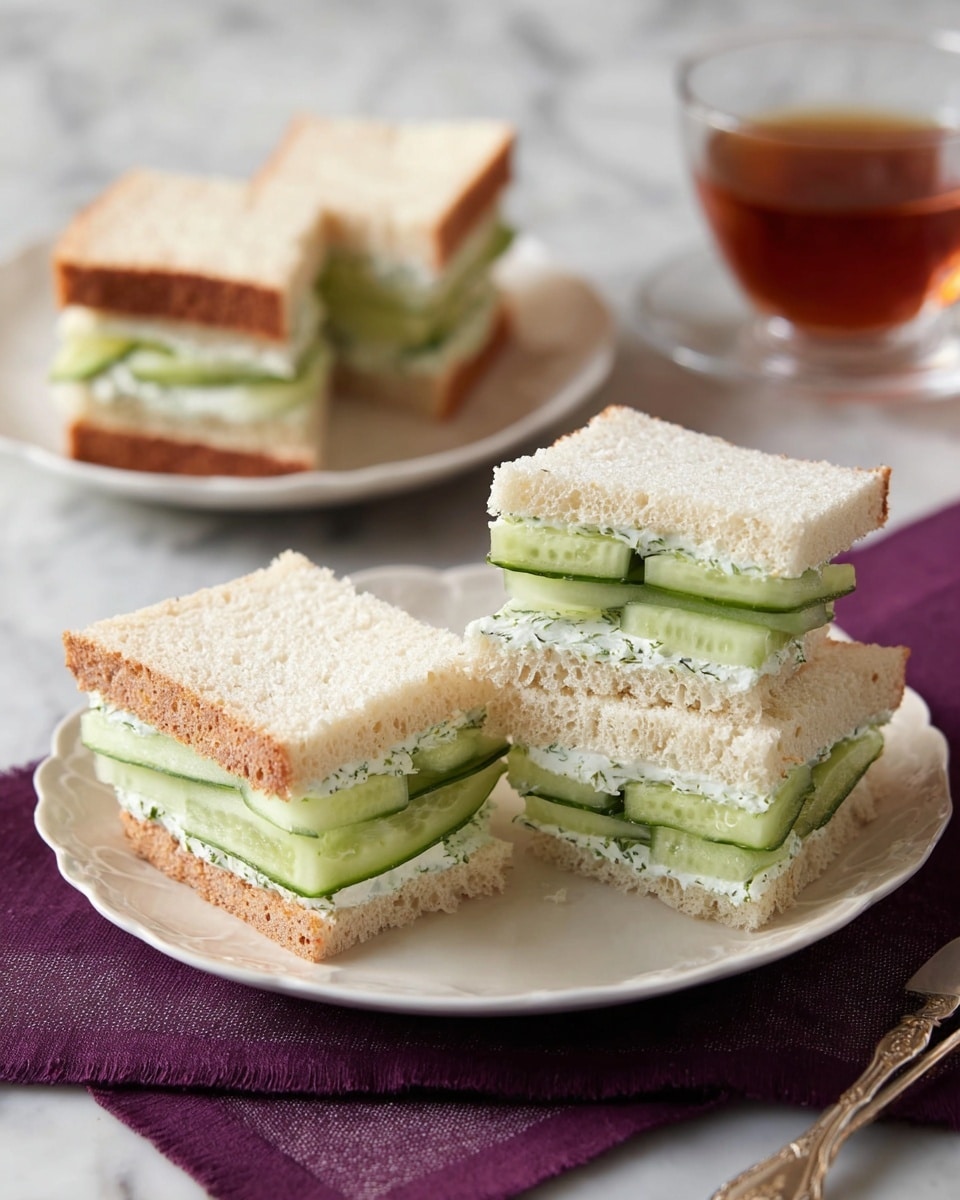This image shows a white plate with three small square sandwiches stacked on it. Two sandwiches have white bread with a light, fluffy texture, and one sandwich has brown bread with a soft, fine crumb. Each sandwich has two main layers: a thin spread of white cream with green herbs mixed in, and a layer of sliced green cucumbers stacked neatly in the middle. The plate sits on a folded dark purple cloth on top of a white marbled surface. In the background, there is another white plate with two more sandwiches, one with brown bread and one with white bread, both with the same filling. A glass cup of dark amber tea sits near the plates. Photo taken with an iphone --ar 4:5 --v 7