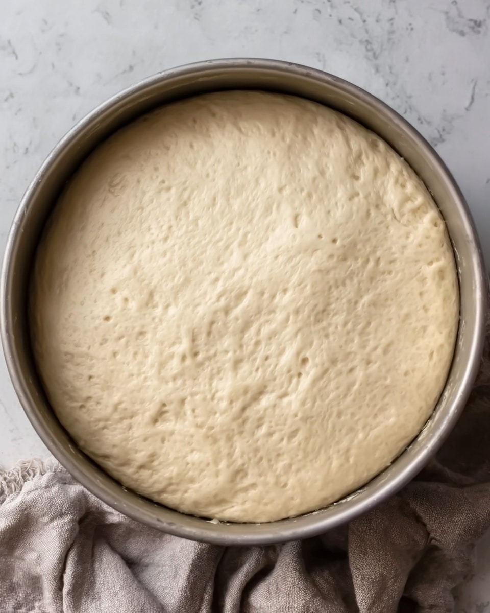 A round metal bowl holds a single layer of pale dough that has risen and filled the bowl nearly to the top. The dough's surface is smooth and lightly textured with small bubbles, showing a slightly uneven, natural rise. There is a faint impression where a woman's hand has gently pressed the dough on one side. The bowl sits on a white marbled surface, with a soft, cozy cloth partially visible beneath. Photo taken with an iphone --ar 4:5 --v 7