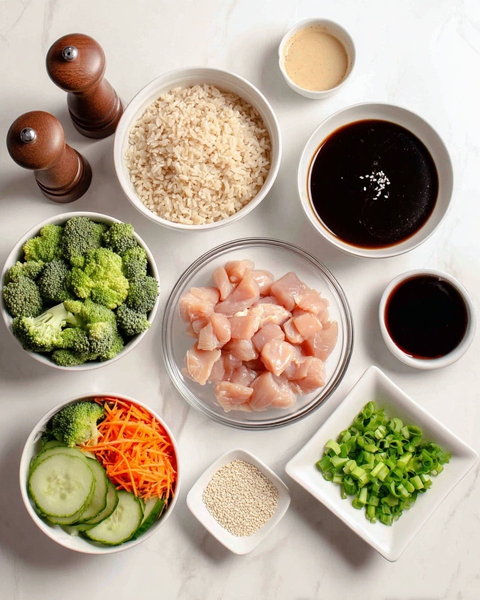 The image shows several small white bowls arranged on a white marbled surface, each containing different ingredients. In the center, there is a clear bowl with raw pink chicken pieces. Around it, there is a bowl with light brown cooked rice, a bowl with bright green chopped broccoli, a bowl with dark brown thick sauce, a bowl with green chopped scallions, a small square white dish with green cucumber slices and orange shredded carrots, and another small bowl with light beige liquid. There is also a small white bowl with light colored sesame seeds next to a pair of wooden salt and pepper shakers. The setup is bright and clean with a flat lay view. photo taken with an iphone --ar 4:5 --v 7