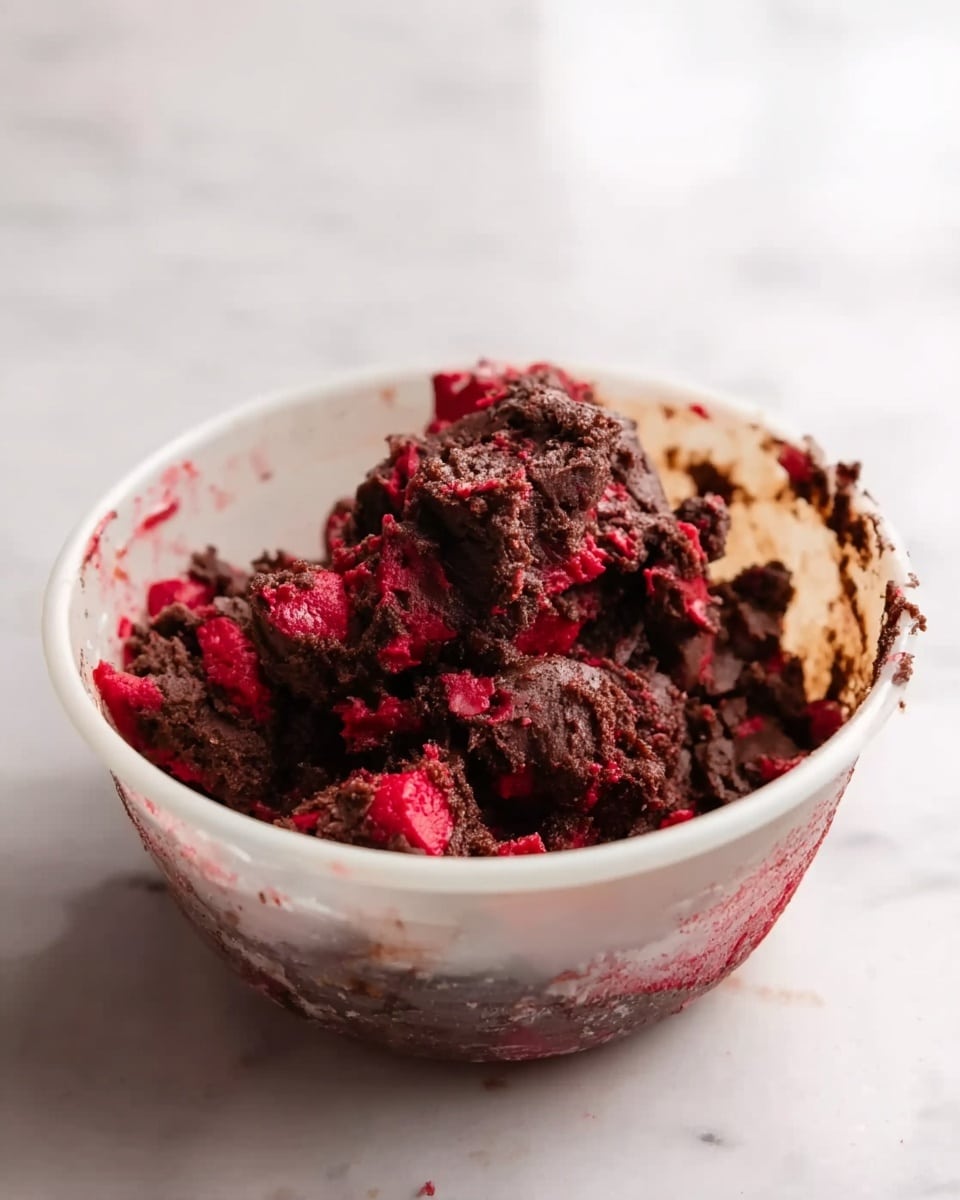 A white bowl filled with dark brown and bright red cookie dough mixed together in rough clumps, showing chunks of red fruit or candy evenly spread throughout. The dough looks thick and slightly sticky with some smears along the inside edge of the bowl, sitting on a white marbled surface with a softly blurred background. photo taken with an iphone --ar 4:5 --v 7