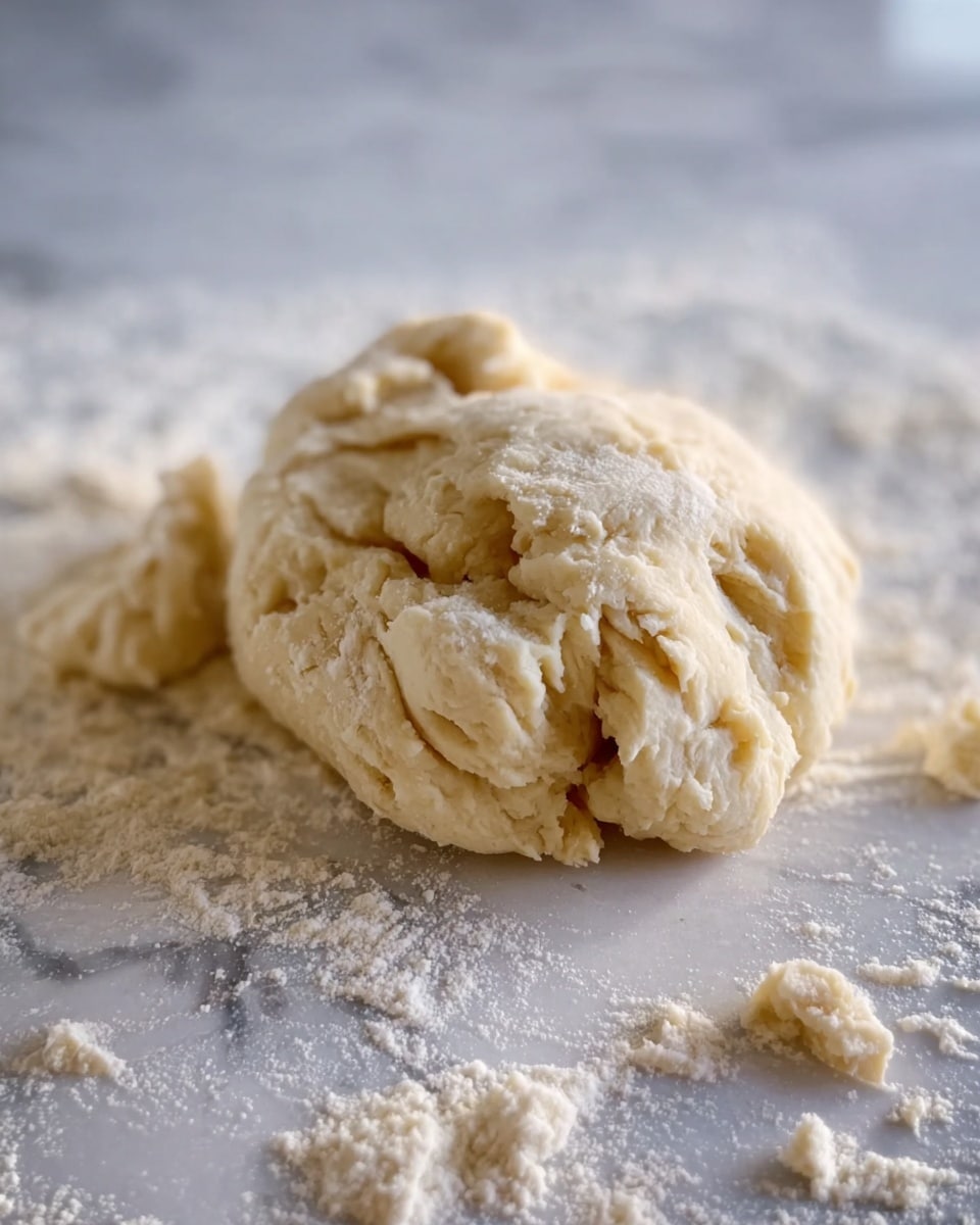 The image shows a close-up of a roughly shaped dough ball with uneven, soft, and lumpy texture resting on a white marbled surface dusted with flour. The dough is pale cream in color with a few small pieces spread loosely around it, suggesting it is freshly made and not yet smooth. The background is softly blurred, keeping focus on the dough's irregular folds and thickness. Photo taken with an iphone --ar 4:5 --v 7