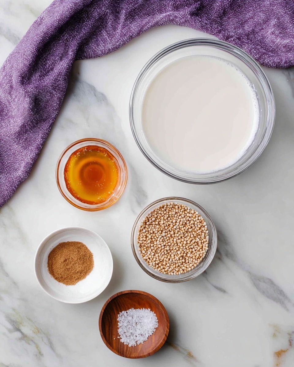 The image shows five bowls with different ingredients placed on a white marbled surface. At the top right, there is a large clear glass bowl filled with a smooth white liquid. Below it to the right side, a medium clear glass bowl contains small round beige seeds. To the left of the seed bowl is a small clear glass bowl with a thick amber-colored liquid. Below that is a small white bowl holding a pile of fine brown powder. At the bottom right, a small round wooden bowl contains a few white grains of salt arranged in a spiral. A purple linen cloth is partly visible at the top left corner. Photo taken with an iphone --ar 4:5 --v 7