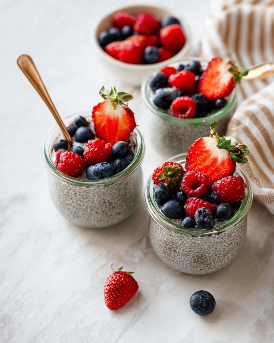 Three clear glass jars sit on a white marbled surface, each filled with a speckled gray chia pudding layer. On top of the pudding, fresh red raspberries, dark blue blueberries, and a bright red strawberry half with green leaves create a colorful, fresh layer. Two of the jars have small gold spoons sticking out, one placed on the left jar and the other in the center jar. Scattered around the jars are a few blueberries and a separated strawberry half. In the background, a small white bowl filled with more berries can be seen next to a white and beige striped cloth. photo taken with an iphone --ar 4:5 --v 7