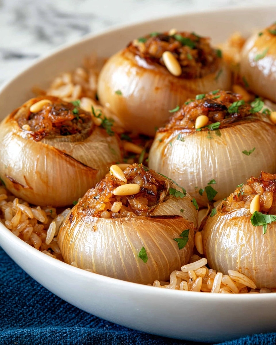 A close-up view of a white bowl filled with several cooked onions that are stuffed with a brownish, textured rice mixture, some rice grains visible outside the onions. The onions are glossy with a light browning on the edges and have pine nuts scattered around them. Small pieces of green herbs are sprinkled over the onions, adding a fresh contrast to the warm, earthy colors. The bowl sits on a dark blue cloth with a white marbled surface in the background photo taken with an iphone --ar 4:5 --v 7