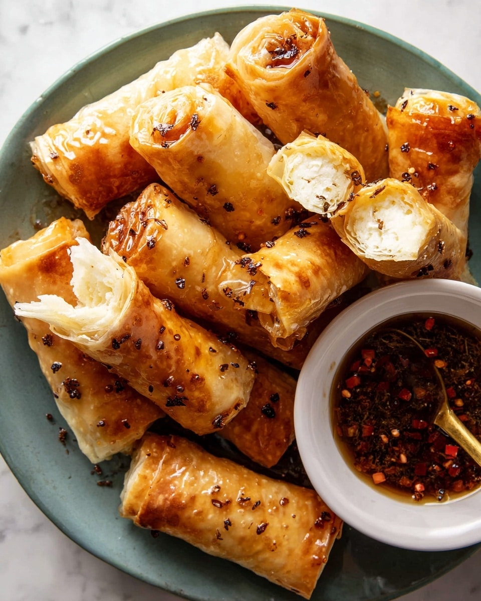 A white plate filled with several crispy golden-brown rolled pastries, each flaky with a light shiny glaze and small black seasoning flakes on the surface. Some rolls are placed lying flat, while others stand upright or lean on each other. Two pieces are broken open, showing a soft white filling inside. On the side of the plate, a white bowl holds a dark brown sauce with red chili flakes and small bits of spice floating on top. The plate and bowl sit on a white marbled texture surface. photo taken with an iphone --ar 4:5 --v 7