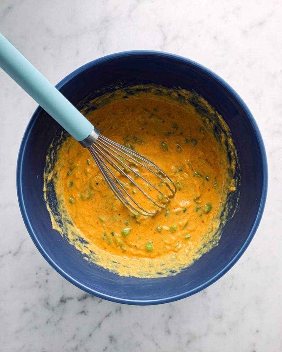 A blue bowl filled with a thick orange mixture that has green pieces spread unevenly throughout. A metal whisk with a light blue handle rests inside the bowl, partly submerged in the mixture. The bowl is placed on a white marbled surface. photo taken with an iphone --ar 4:5 --v 7