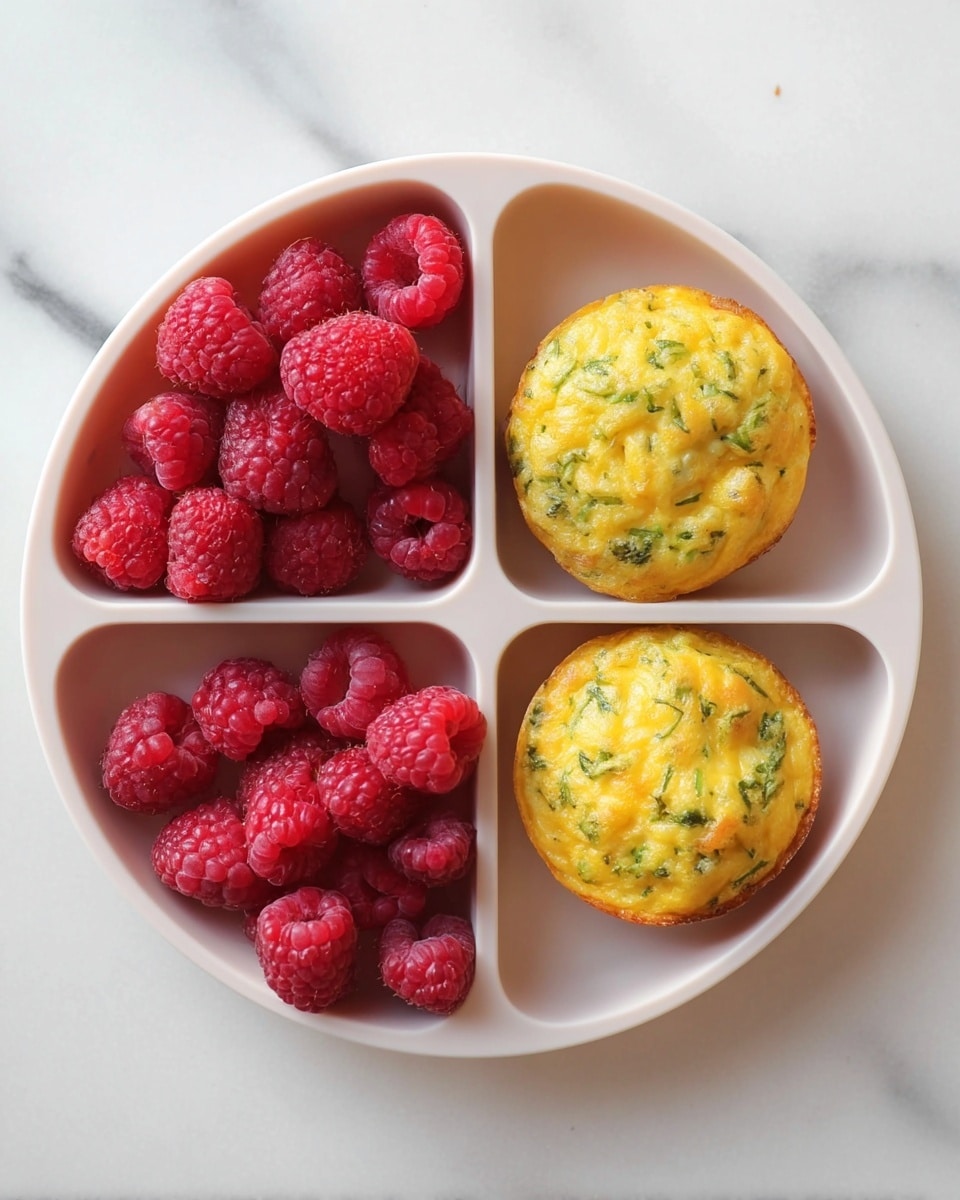 A round white divided plate with three sections, placed on a white marbled surface. The top two smaller sections hold bright red raspberries with a bumpy texture, filling each section. The larger bottom section contains two golden-yellow egg muffins that have green bits inside, showing a slightly rough baked texture. Photo taken with an iphone --ar 4:5 --v 7