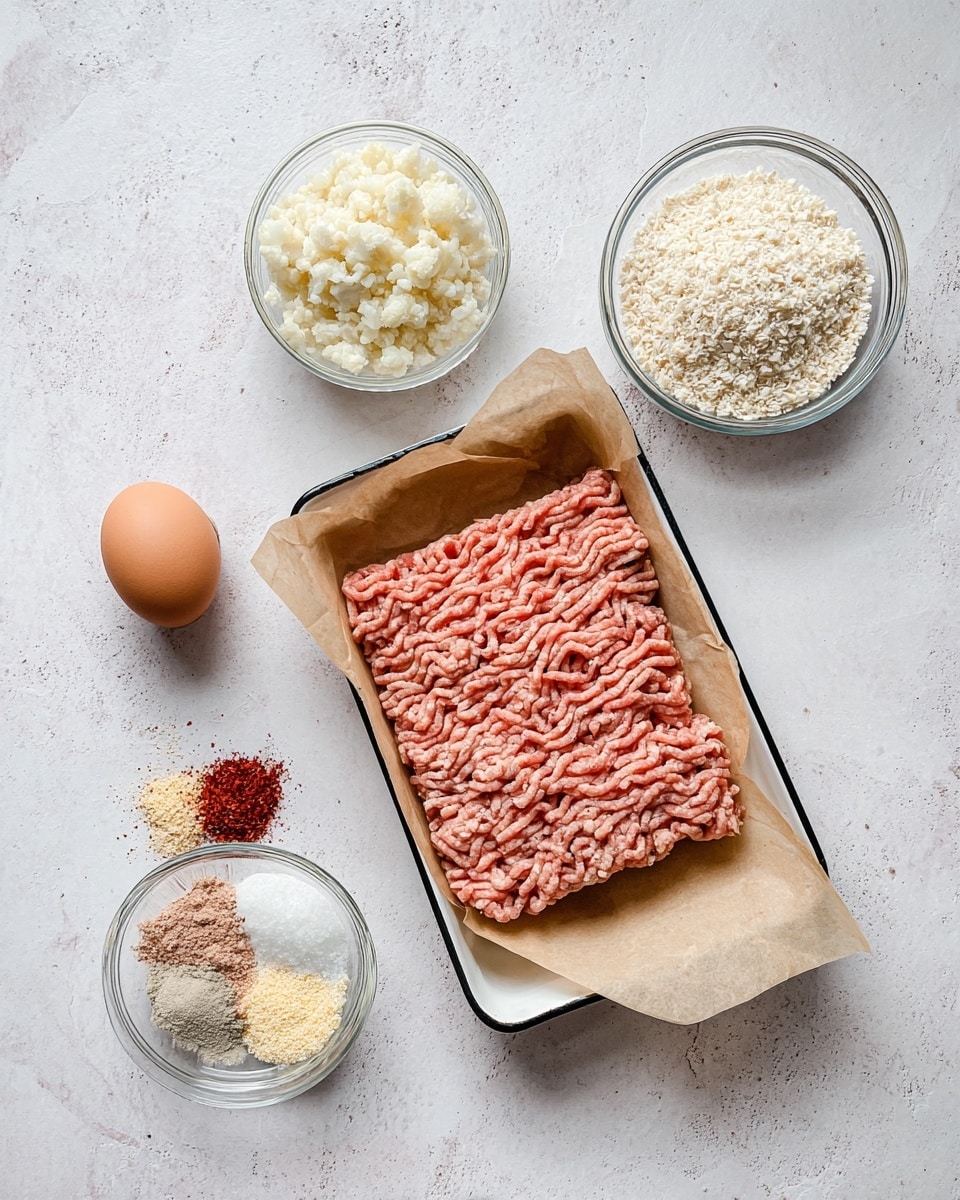 The image shows raw turkey mince placed neatly in a rectangular shape on brown parchment paper inside a white tray. Around the tray, there are four small glass bowls: one at the top filled with finely chopped white cauliflower, another at the bottom right filled with white breadcrumbs, and one at the bottom left filled with four types of spices arranged in separate sections - light beige, red, white, and yellow powders. An uncooked brown egg is positioned to the left of the turkey mince tray. All items are arranged on a white marbled surface, viewed from above. photo taken with an iphone --ar 4:5 --v 7