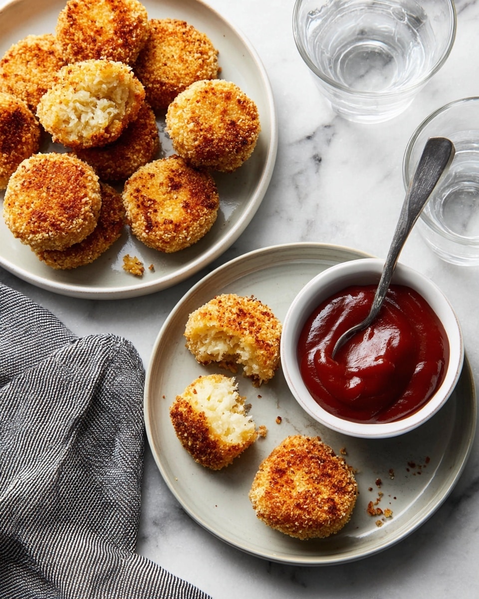 The image shows two white plates, each with golden brown crispy round nuggets that have a rough, crunchy texture on the outside; one nugget on the bottom plate is broken in half, showing a soft light beige inside. Next to the nuggets on the bottom plate is a smooth, thick dollop of rich, dark red ketchup. A small white bowl holds more ketchup with a spoon inside. The scene is set on a white marbled surface, with a gray striped cloth partially visible and clear glasses of water nearby. Photo taken with an iphone --ar 4:5 --v 7