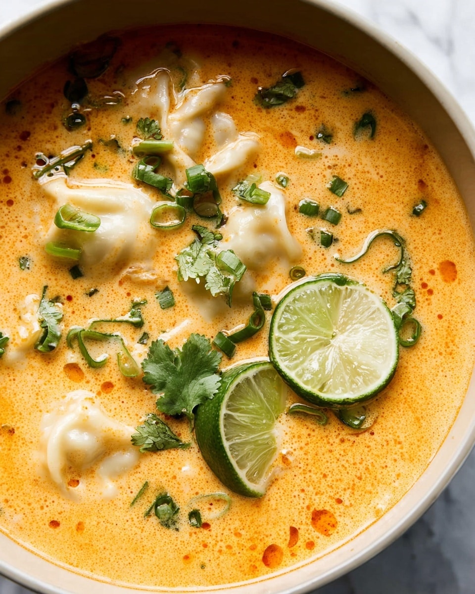A creamy orange soup base fills the pot, with smooth, thick texture and light swirls of cream. Floating in the soup are soft, pale dumplings with pleated edges, giving a gentle off-white contrast. Sprinkled on top are thin, round green onion slices and small chopped herbs adding spots of bright green. Two lime wedges rest in the soup, one partially submerged and the other laying on top, showing the fresh light green inside and natural texture. A few sprigs of fresh cilantro with leafy texture and dark green color float on the surface. The whole scene is set against a white marbled background. photo taken with an iphone --ar 4:5 --v 7