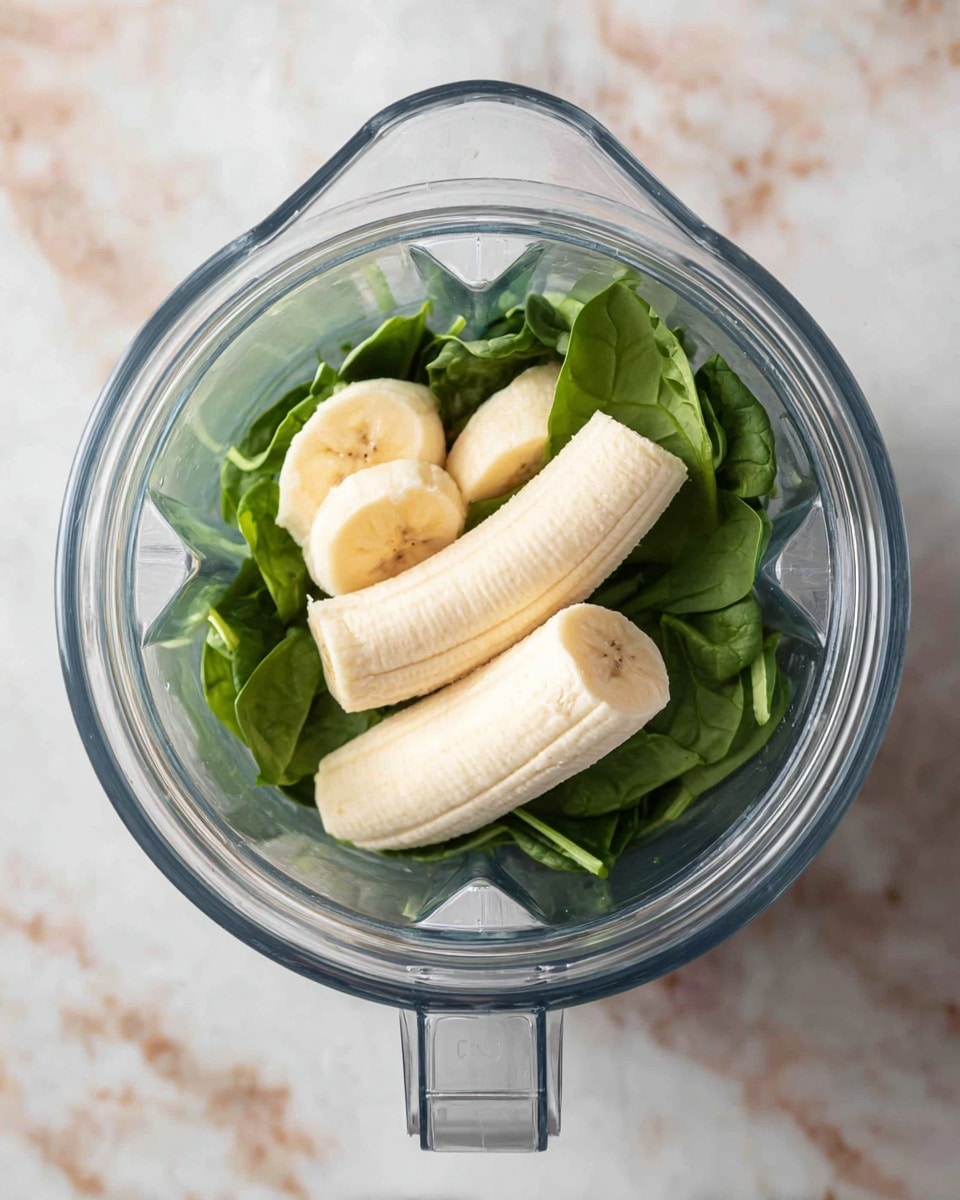 The image shows a clear blender from above on a white marbled surface, with three peeled halves of a banana placed on top of a small pile of fresh, dark green spinach leaves inside the blender. The bananas are pale yellow with soft texture and are stacked slightly angled towards the center, while the spinach leaves create a base layer beneath, contrasting with their rich green and slightly crinkled texture. photo taken with an iphone --ar 4:5 --v 7