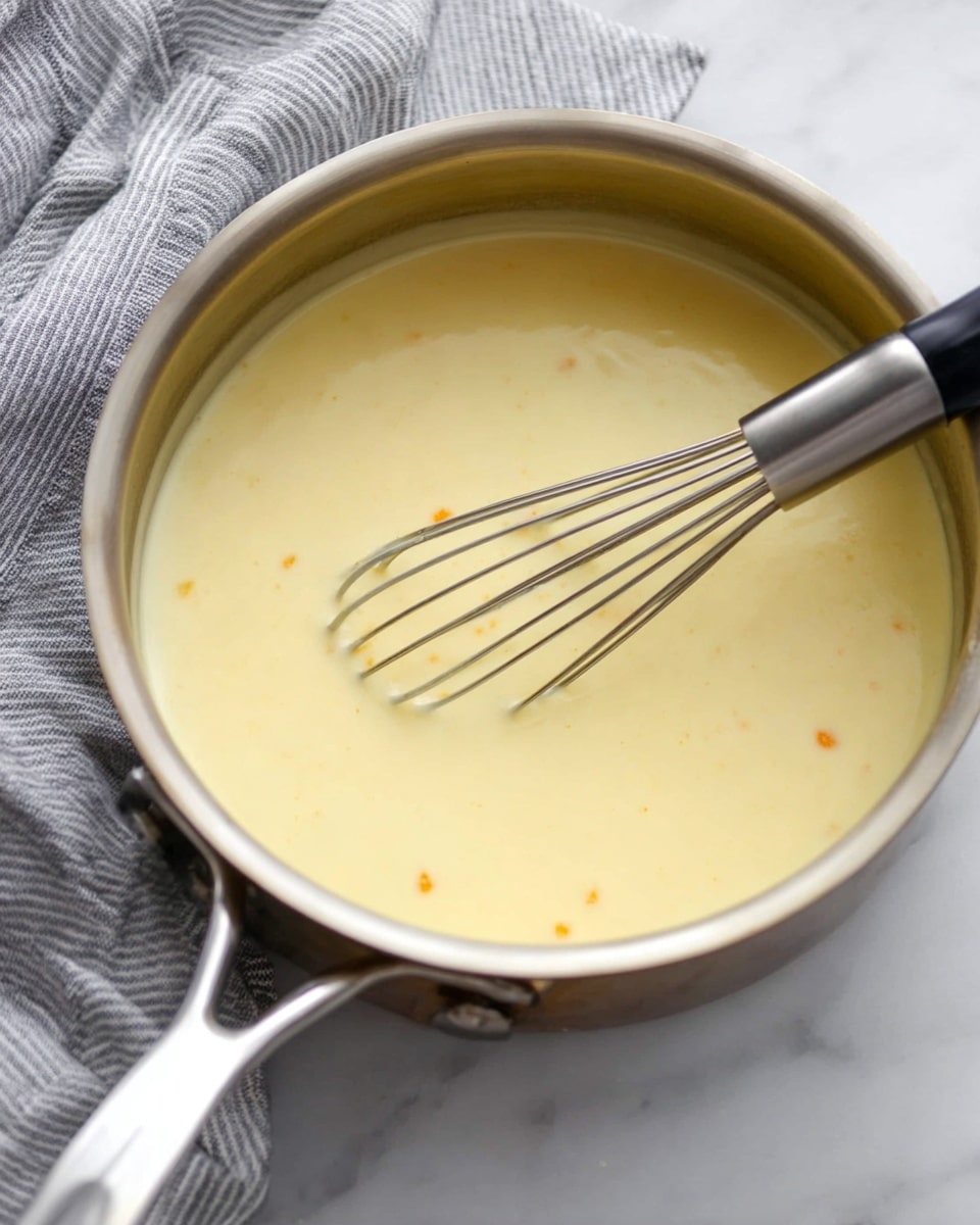 A close-up of a shiny stainless steel pan filled with smooth, light yellow sauce with a few small orange specks. A metal whisk with a black and silver handle dips into the sauce, resting slightly to the right inside the pan. The pan is placed on a white marbled surface. In the upper left corner, part of a gray and white striped cloth is visible. photo taken with an iphone --ar 4:5 --v 7