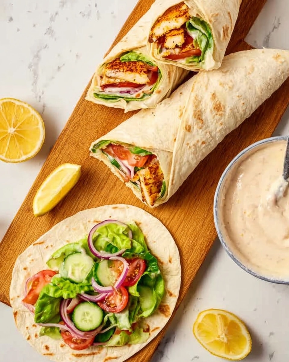 The image shows three wraps placed on a wooden cutting board over a white marbled surface. The top two wraps are folded in half, each filled with layers of grilled golden-brown cheese, green lettuce, slices of cucumber, red tomato, and thin red onion rings, all inside soft light beige flatbreads. The third wrap at the bottom is open-faced with the same ingredients spread out, showing fresh green lettuce leaves at the base, followed by cucumber slices, tomato pieces, onions, and grilled cheese on top. To the right of the wraps, there is a white bowl filled with a smooth creamy light beige dip, with a spoon resting beside it holding a scoop of the same dip. Near the bowl, a few small lemon wedges with bright yellow skin are visible, adding a fresh touch. The whole scene is bright and fresh, with a natural look. photo taken with an iphone --ar 4:5 --v 7