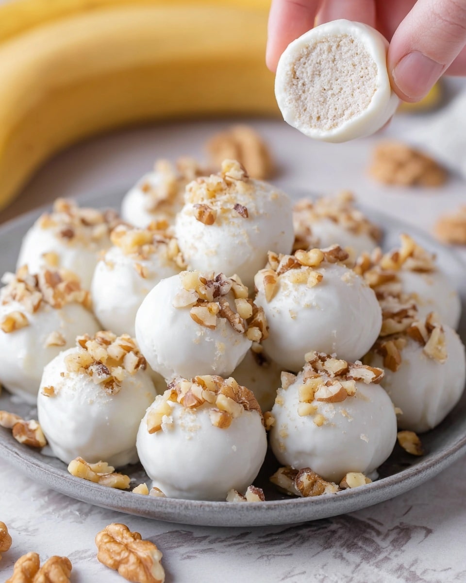 A close-up view of a white marbled surface holds a grey plate filled with round balls covered in smooth white coating, each topped with small pieces of chopped walnuts that add a textured look. One ball is held by a woman's hand above the others, showing a soft, light brown, crumbly inside. The background also shows a peeled banana that adds a hint of yellow, with a few more coated balls scattered on the surface. The image has a clean and fresh feel with soft lighting highlighting the detail of the white coating and the walnut pieces. Photo taken with an iphone --ar 4:5 --v 7