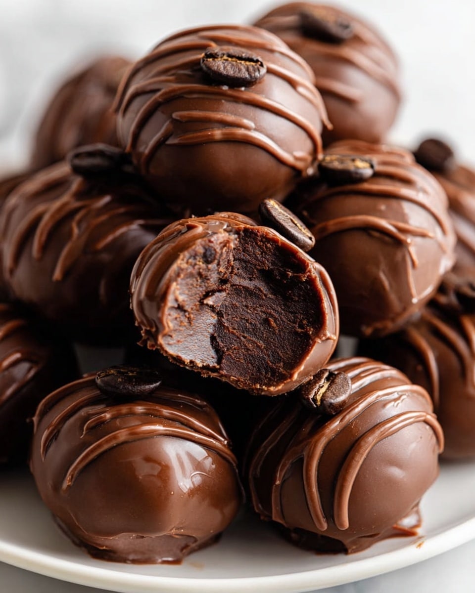 A close-up view of round chocolate balls stacked together on a white plate, each ball coated in a smooth dark chocolate layer with shiny, wavy milk chocolate drizzle on top. Some chocolate balls have a coffee bean placed at the center of the drizzle. One chocolate ball is cut open, revealing a dense and rich dark chocolate filling inside that contrasts with the smooth outer layer. The plate sits on a white marbled surface. photo taken with an iphone --ar 4:5 --v 7