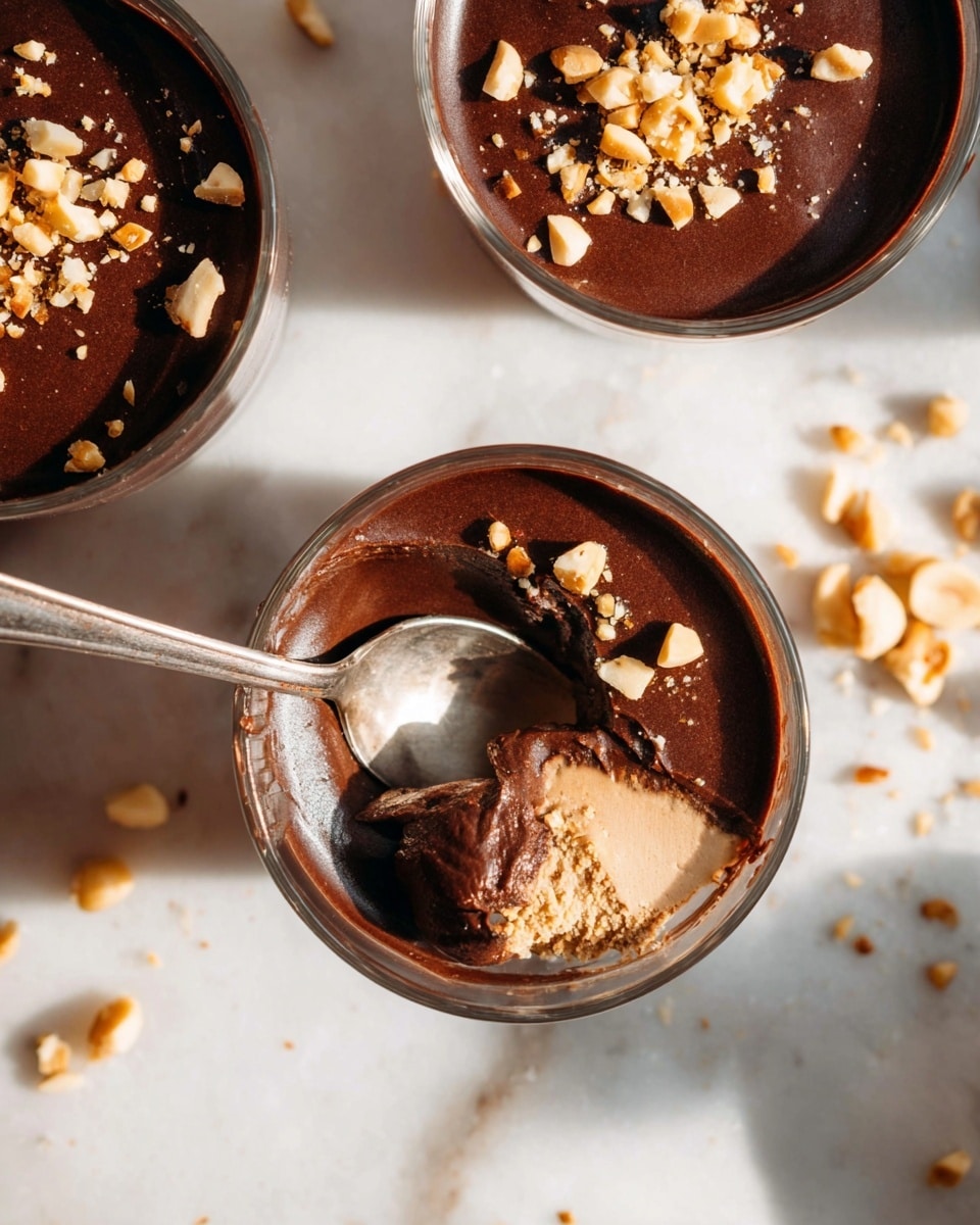 The image shows three clear glass bowls filled with a smooth, dark chocolate dessert topped with small pieces of chopped nuts. One bowl in the center has a small scoop taken out, revealing a light brown creamy layer beneath the dark chocolate surface. A silver spoon rests inside this bowl, scooping a mix of the creamy layer and chocolate. The bowls are placed on a white marbled surface with scattered nut pieces around, and warm soft lighting casts shadows across the scene. Photo taken with an iphone --ar 4:5 --v 7