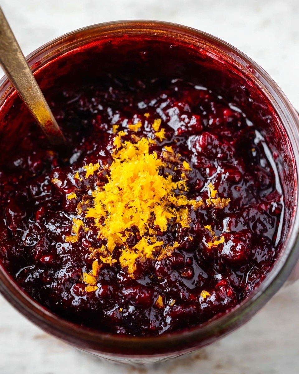 A close-up of a thick dark red berry jam in a glass jar, with a rough texture showing whole berries and a glossy surface. Bright orange zest is sprinkled on top in the center, adding a fresh, fine, and crumbly texture that contrasts with the jam. The jar sits on a white marbled surface, and light softly highlights the shiny jam and the vibrant orange zest. photo taken with an iphone --ar 4:5 --v 7