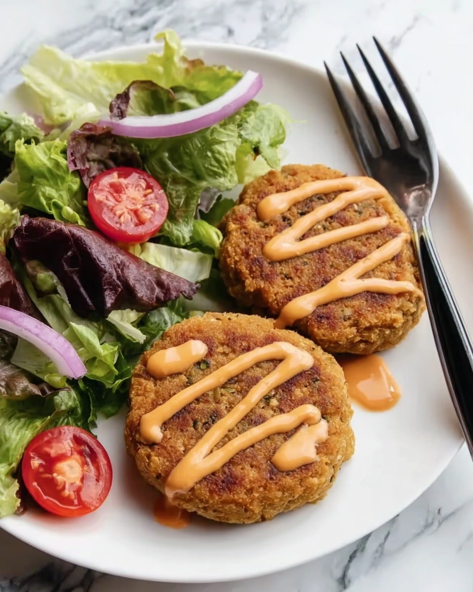 The image shows two round, golden-brown patties with a slightly rough texture on top of a white plate. Each patty has light orange sauce drizzled in several thin lines across their surface. On the left side of the plate is a fresh salad with layers of green and purple leafy lettuce, small red cherry tomato halves, and thin rings of purple onion. A black fork lies on the right side of the plate. The dish is placed on a white marbled surface. Photo taken with an iphone --ar 4:5 --v 7