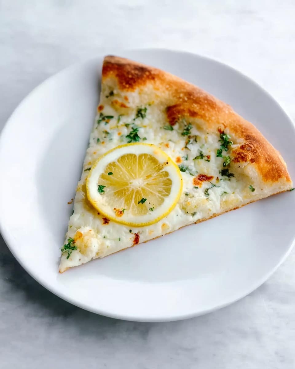 A single slice of pizza sits in the center of a white plate, which rests on a white marbled surface. The pizza has a golden-brown crust, thick and slightly puffed at the edge, leading to a base covered in melted white cheese. On top of the cheese, there are small green herbs scattered around, with some red flakes visible near the crust. A thin, round slice of lemon with visible seeds is placed near the middle of the slice, adding a fresh yellow accent. The surface of the pizza looks soft and slightly oily, giving it a fresh and warm appearance. Photo taken with an iphone --ar 4:5 --v 7