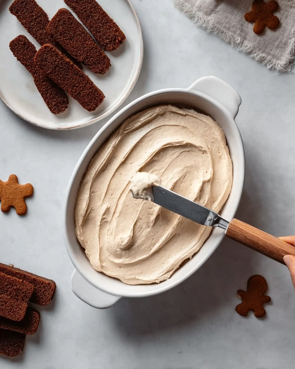 In a white oval dish, there is a first layer of dark brown cake strips arranged side by side. On top of this, a thick layer of creamy beige frosting is being spread evenly with a knife that has a wooden handle, held by a woman's hand. Around the dish, on a white marbled surface, there is a round white plate with more dark brown cake strips, and small gingerbread-shaped cookies scattered nearby. The scene is lit softly, highlighting textures and colors. photo taken with an iphone --ar 4:5 --v 7