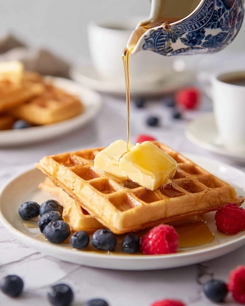A white plate holds two triangular golden-brown waffles stacked slightly offset. On the top waffle, there is a square of soft yellow butter melting. A thin stream of honey or syrup pours down from a blue and white patterned small pitcher, landing on the butter and the waffle surface. Around the waffles on the plate, fresh blueberries and raspberries add splashes of blue and red. The background shows a white marbled texture surface with more berries, a white cup of coffee, and a white plate with another waffle. The scene is softly lit, focusing on the waffles and syrup pour. photo taken with an iphone --ar 4:5 --v 7
