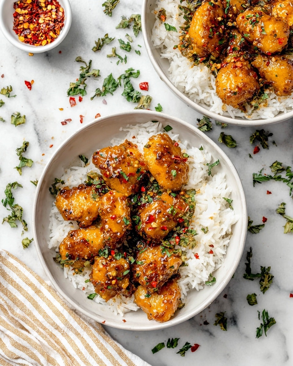 Two white bowls with a base layer of fluffy white rice, topped with several pieces of golden-brown glazed chicken coated in a shiny sauce with a slightly dark caramelized texture. The chicken pieces are sprinkled with finely chopped green herbs and small red chili flakes. The bowls sit on a white marbled surface, with scattered green herb leaves and chili flakes around them. A small white bowl with red chili flakes is visible near the top left, and a striped beige and white cloth is at the bottom left corner. Photo taken with an iphone --ar 4:5 --v 7