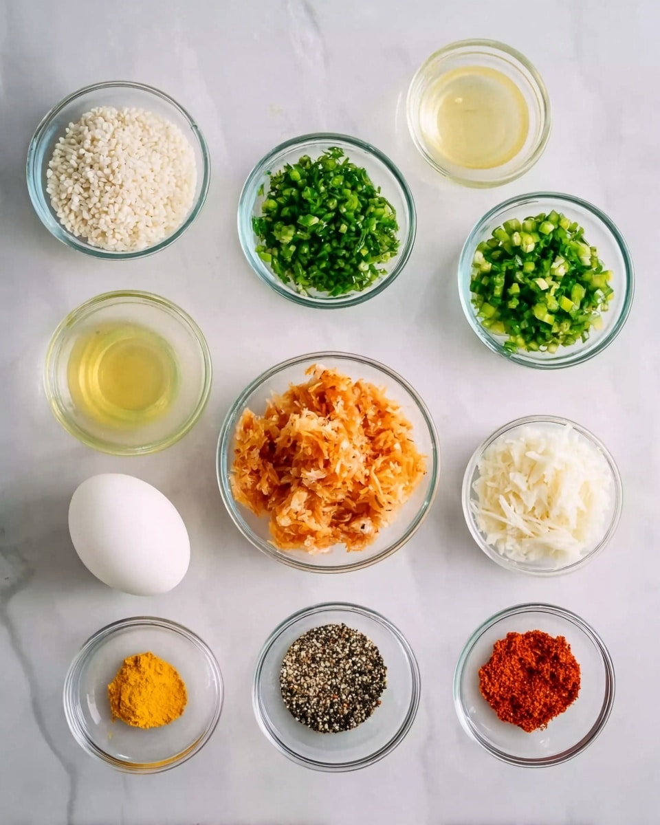 The image shows nine small clear glass bowls arranged in a neat three-by-three grid on a white marbled surface. The top row has bowls filled with white grains, finely chopped green herbs, and a pale yellow liquid. The middle row holds a bowl of chopped green peppers on the left, a bowl of flaked orange fish in the center, and a bowl of finely shredded white substance on the right. The bottom row features a whole white egg on the left, a small bowl with black and white spices in the middle, and two small bowls on the right containing bright yellow zest and reddish-orange powder. The overall look is clean and colorful with distinct textures. A woman's hand is gently holding one side of the arrangement. Photo taken with an iphone --ar 4:5 --v 7