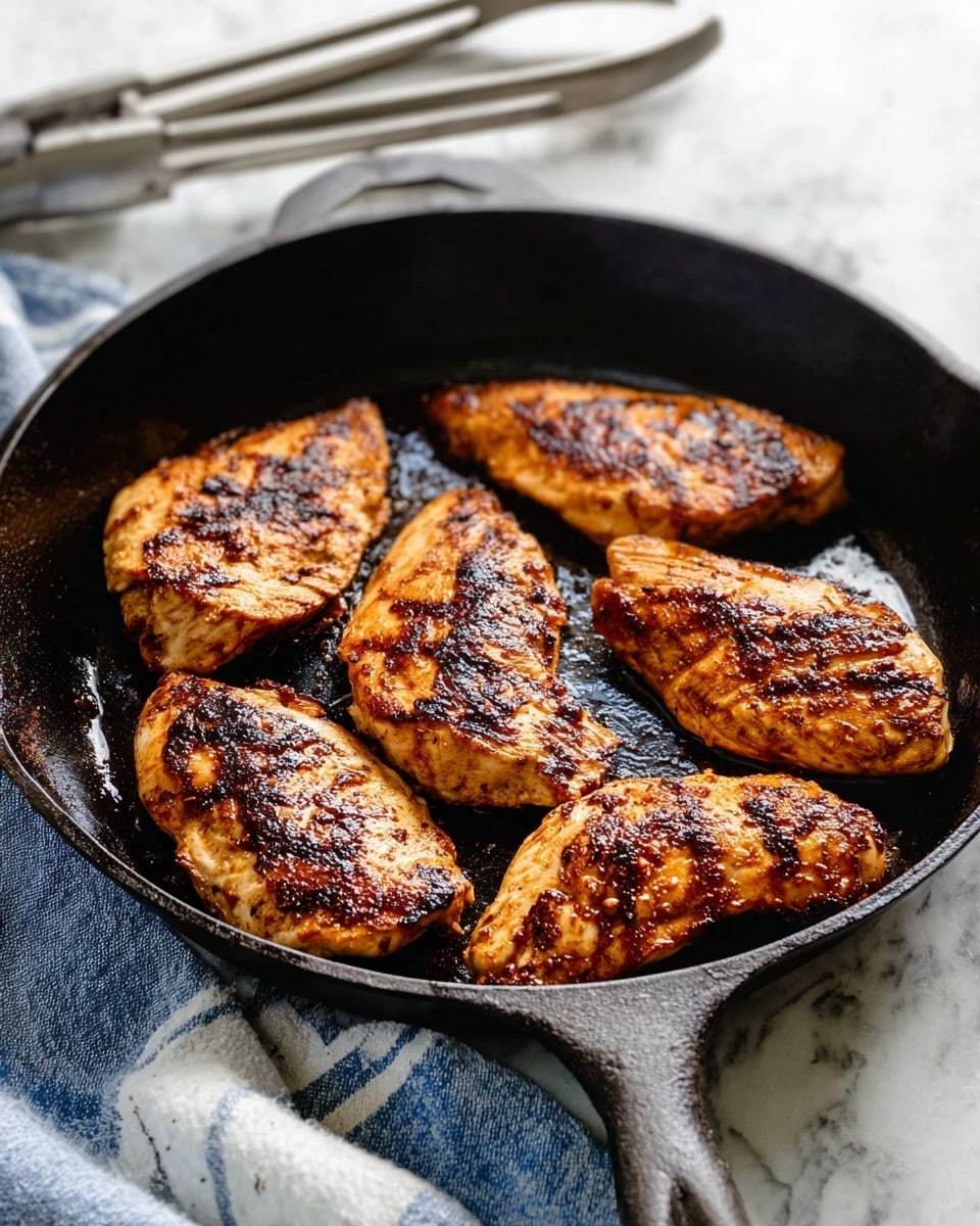 A black cast iron pan holds five pieces of golden-brown cooked chicken arranged in a circular shape, each piece showing a crispy texture with darker grilled spots. The pan sits on a white marbled surface next to a blue and white striped cloth and metal tongs in the background. The scene is bright with natural light highlighting the chicken's shiny, cooked surface. photo taken with an iphone --ar 4:5 --v 7