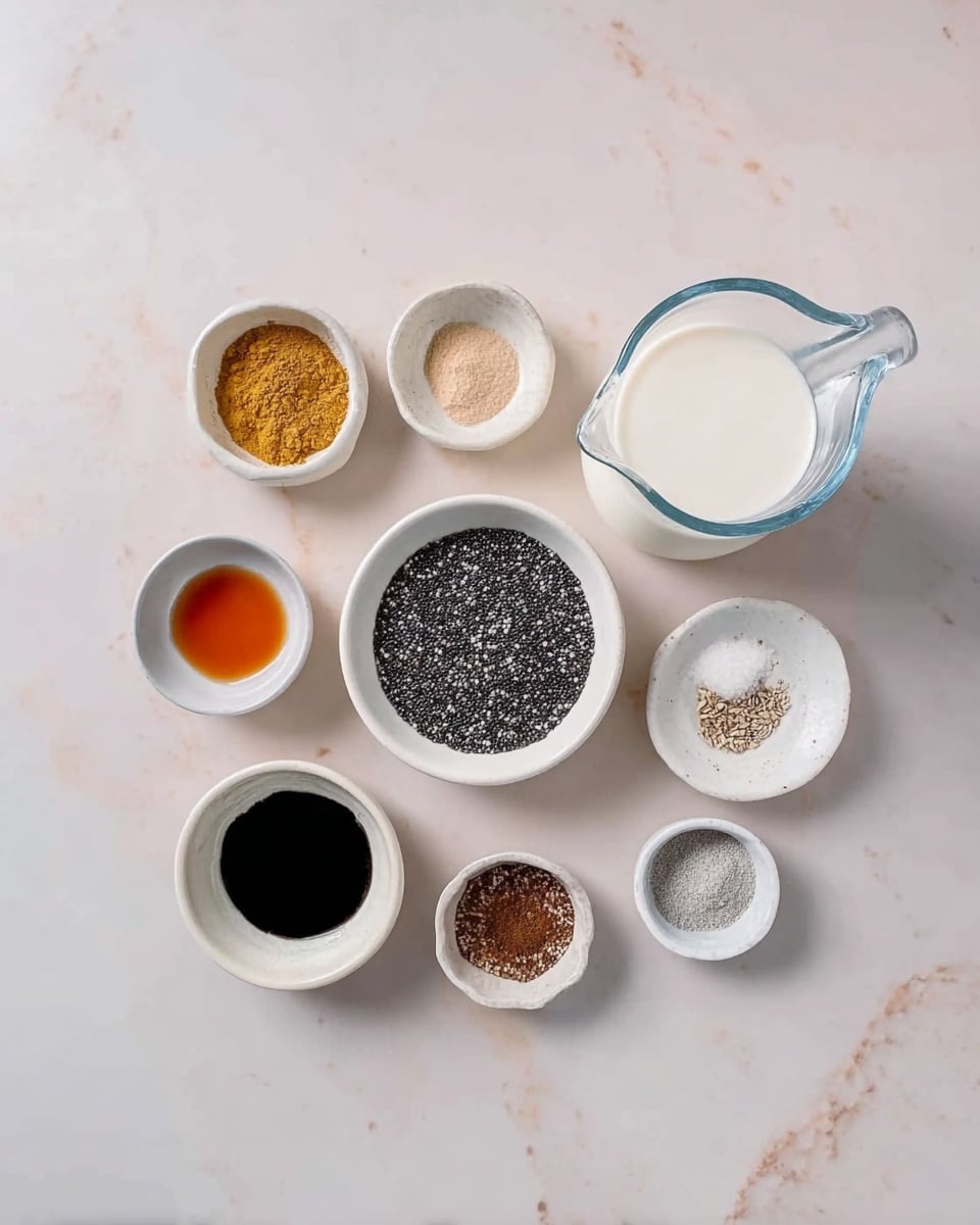 The image shows eight containers arranged on a white marbled surface: one large clear glass pitcher at the top right filled with white liquid, six small white bowls holding different ingredients with distinct colors and textures, and one small white plate as well. Starting from the top left, a small white bowl contains golden powder, next to it is another small white bowl with light brown powder, below those is a small white bowl holding amber liquid. In the bottom left is a small white bowl with thick black liquid, near the center is a bigger white bowl filled fully with small black and white seeds, and next to it is a small white bowl with a dark brown thick substance. At the bottom center is a small white bowl with a light brown spice, and on the bottom right is another small white bowl containing a grayish powder. Everything is neatly arranged and well-lit, with clear focus on each item, photo taken with an iphone --ar 4:5 --v 7