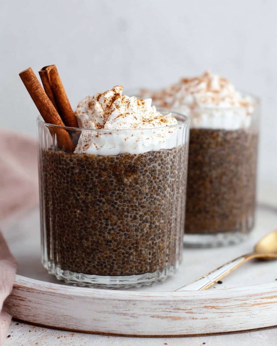 Two transparent glasses filled with a dark brown chia pudding showing many small chia seeds throughout, each glass topped with a swirl of white whipped cream lightly dusted with brown spice, and two cinnamon sticks placed upright inside the pudding leaning against the glass edge, all sitting on a worn white wooden tray with a white marbled texture background photo taken with an iphone --ar 4:5 --v 7