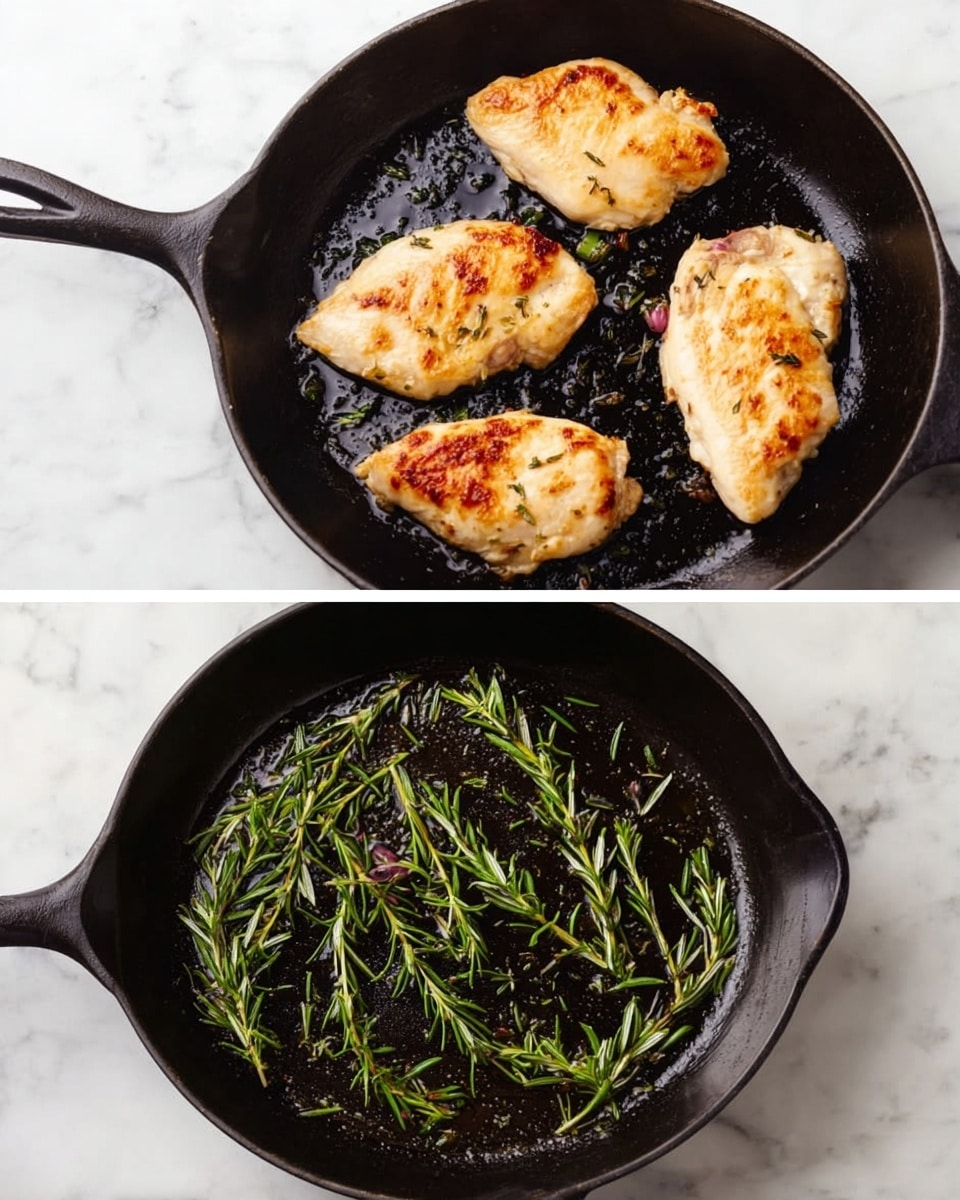 A black cast iron pan with four pieces of lightly browned cooked chicken, each piece showing a golden crispy texture and a tender inside, arranged across the pan surface. Next to it, the same pan contains small green leafy rosemary sprigs scattered on top of a thin layer of cooking oil, creating a fresh herbal look. Both pans are placed on a white marbled surface. photo taken with an iphone --ar 4:5 --v 7