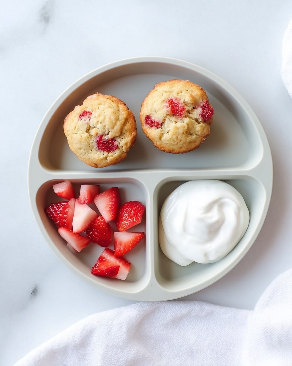A round white plate with three sections sits on a white marbled surface. The top larger section holds two small golden muffins with visible red strawberry pieces inside. The bottom left section contains several chopped red strawberry pieces, showing juicy and bright textures. The bottom right section has a smooth dollop of white yogurt, creamy and soft in texture. A white cloth is slightly visible on the lower right corner. photo taken with an iphone --ar 4:5 --v 7