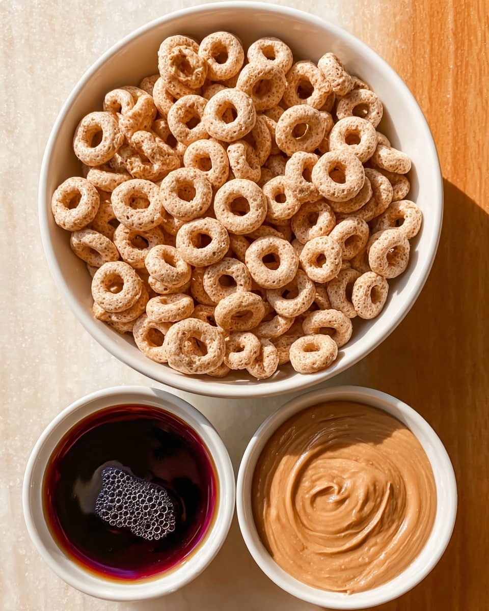 There is a large white bowl filled with light brown, round cereal rings that have textured surfaces. Below this bowl, there are two smaller bowls placed side by side on a white marbled surface: one contains a smooth and creamy light brown spread, and the other holds a dark, shiny syrup with a few bubbles on top. The bowls are arranged neatly, and the lighting highlights the textures of the cereal, spread, and syrup clearly photo taken with an iphone --ar 4:5 --v 7