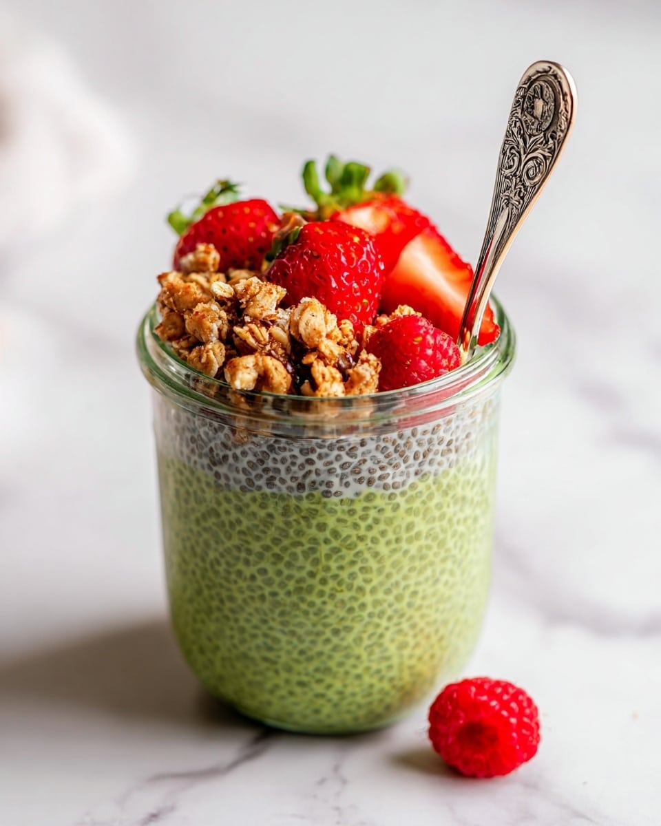 A clear glass jar filled with a green chia pudding layer that has small black chia seeds evenly spread throughout, topped with a layer of granola pieces in light brown color on one side and fresh red strawberries and raspberries with green leaves on the other side. A detailed silver spoon is placed inside the jar, partially sinking into the chia pudding. The jar is placed on a white marbled surface with a single raspberry near the bottom right of the jar. Photo taken with an iphone --ar 4:5 --v 7